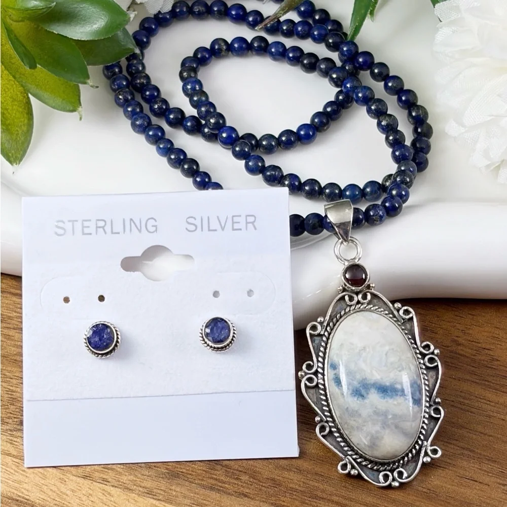 Garnet & Blue Scheelite Pendant Necklace Jewelry Set Lot Sapphire Earrings 925
